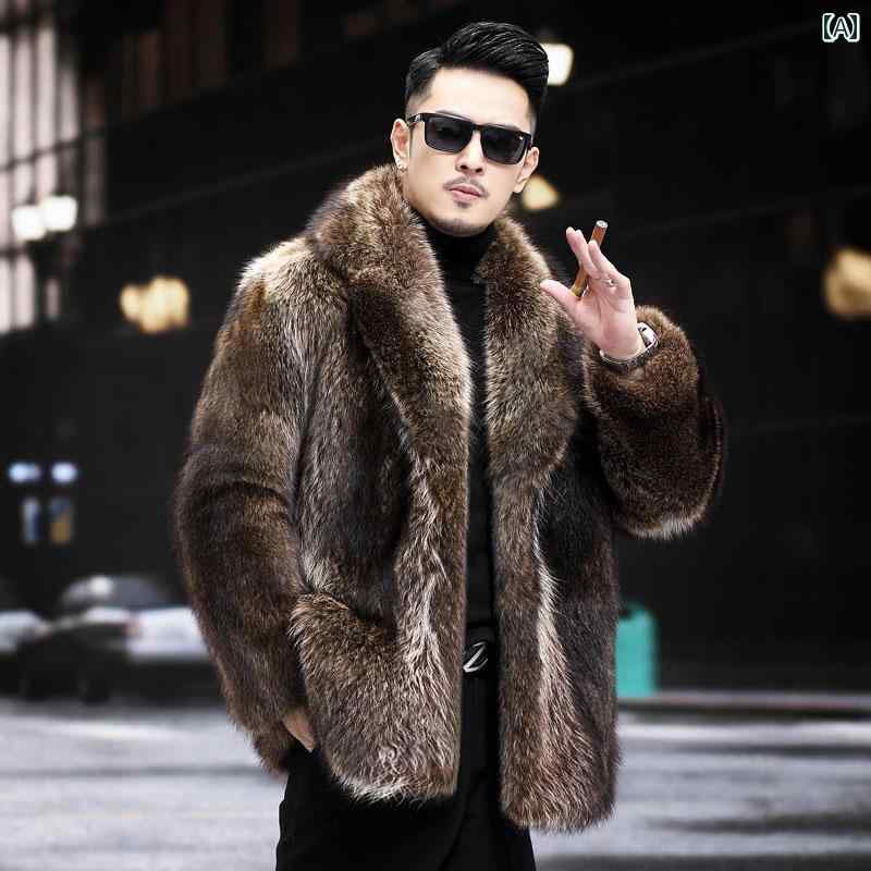 ファーコート 男性服 フォックスファー メンズ コート アウター 上着 ミドル丈 イミテーション ファー ショート もこもこ 厚手 暖かい 防寒着 冬 ブラウン レトロ リッチ 高級感|Hanbok Home
