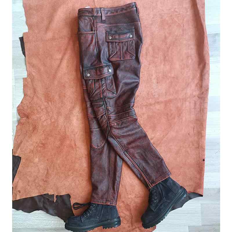 レザー パンツ ズボン ロング おしゃれ ファッション バイク レトロ ダメージ加工 ワークウェア 牛革 メンズ ライディング クラシカル 丈夫 大きいサイズ