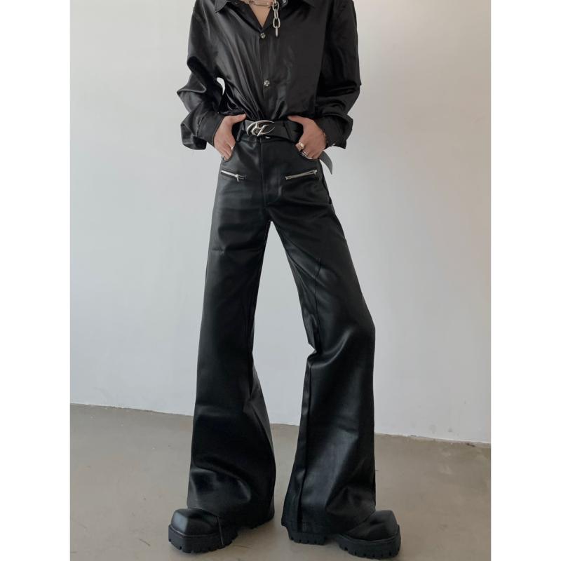 レザー パンツ ズボン PU ロング おしゃれ ファッション 高級感 ブラック ドレープ ストレート メンズ ゆったり スリム カジュアル エレガント モダン 美脚