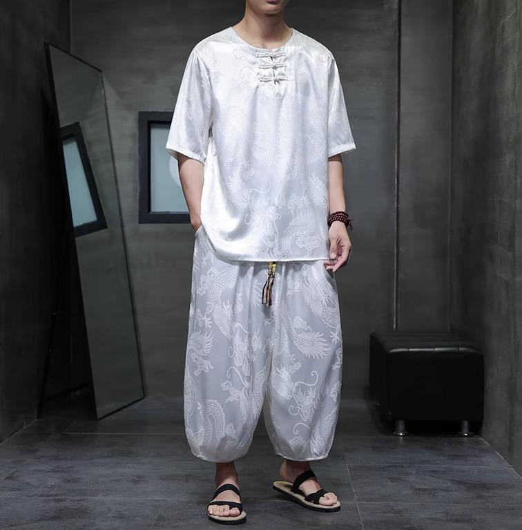 メンズ 上下 セットアップ 春夏 チャイナ 中国 中華 半袖 Tシャツ サテン生地 龍 ドラゴン 柄入り 唐装 大きいサイズあり 冷感 五分袖 ゆったり 快適 クール ヤンチャ ストリート