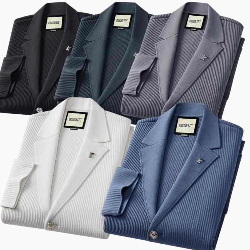 紳士服 ジャケット ハイエンド メンズ ニット ストライプ リブ ストレッチ スーツ 上着 アウター 白 ビジネス カジュアル スリム ゆったり 柔らかい デイリー 羽織り 大人 ラフ グランパコア|Hanbok Home