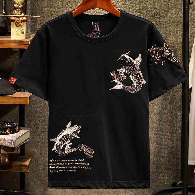 Tシャツ 半袖 チャイナ風 メンズ 夏服 薄手 綿 ラウンドネック トップス カジュアル 刺繍 カットソー シンプル