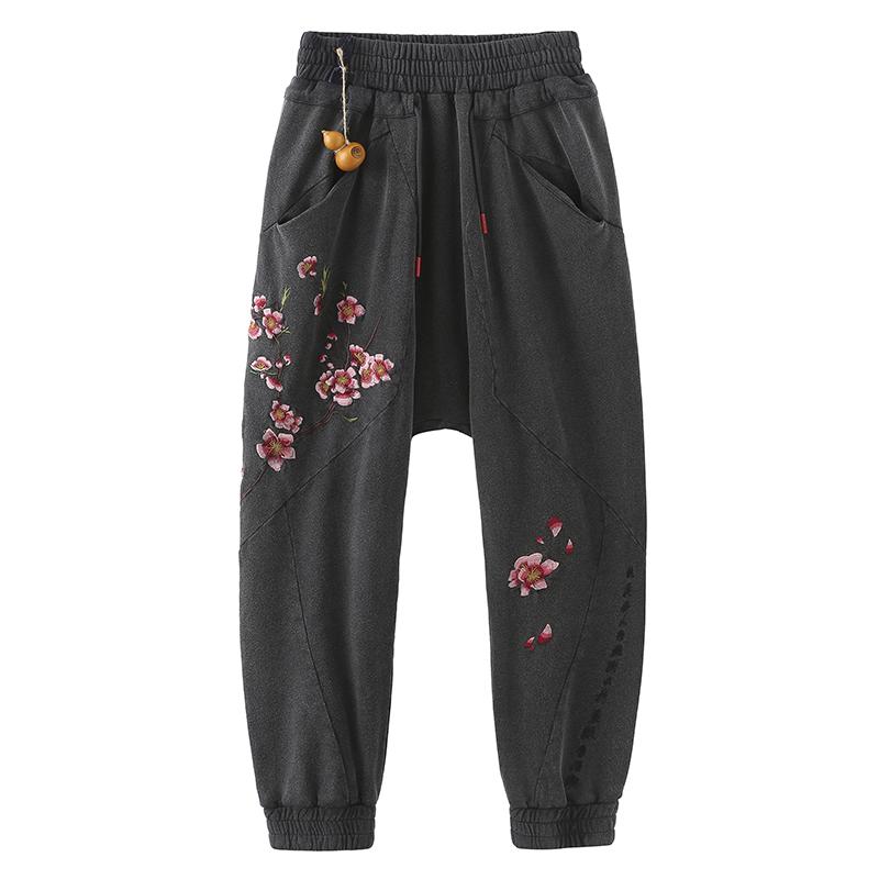 ジョガーパンツ メンズ ズボン 桃 梅の花 黒 ゴシック うす暗い レトロ 秋冬 中華 瀬戸もの 中国 大時代 刺しゅう入り口・入口 不都合 ウォッシュ スウェットパンツ 気が大きい着 ヤンチャ 表どおり お部屋お召しもの