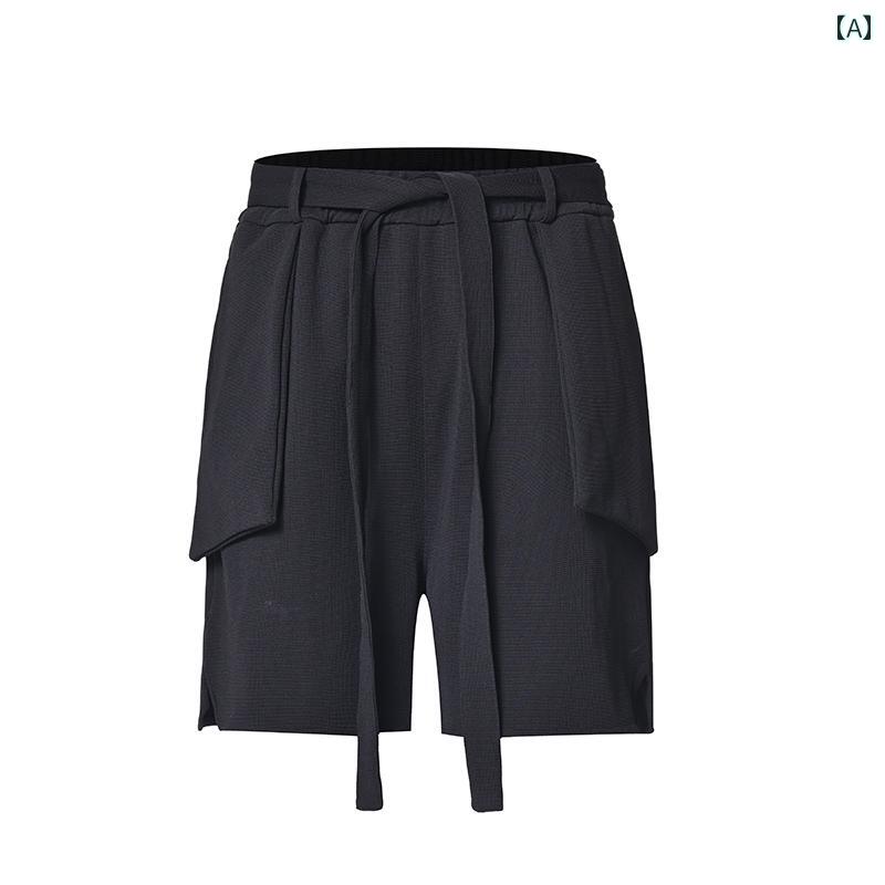 ハーフパンツ 短パン ショートパンツ 膝上 ワッフル素材 中華風 チャイナテイスト 黒 伸縮性 通気性 ソフトタッチ 夏 カジュアル ファッショナブル モダン
