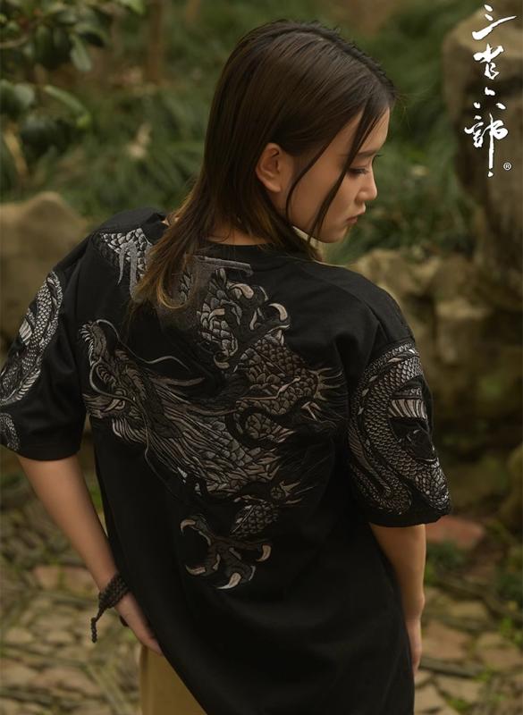 Tシャツ 夏 龍 刺繍 チャイナ風 メンズ 半袖 カジュアル ファッション レディース ユニセックス 厚手 ラウンドネック ストリート 日常使い｜Hanbok Home