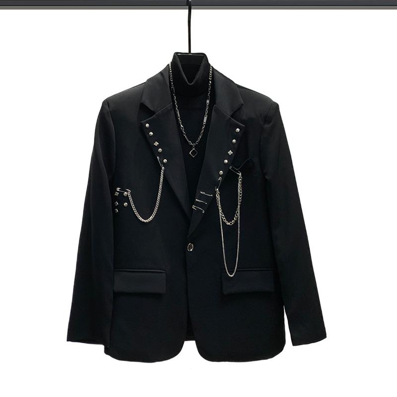 成人男性服 上衣 黒 黒いこと 春 安いの一番 しろがね色 スタッズ チェーン店 心地好い 肩先パッド 背広 厚地の外套 韓国 メンズ ハイエンド 流行り物 流行り物 鍵を掛ける 上演 歌うたい 御召しもの