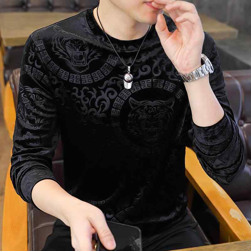 メンズ トップス 虎 ベロア 個性的 かっこいい ジャカード 長袖 カジュアル スタイリッシュ Tシャツ 秋冬 ラウンドネック レイヤリング シャツ セーター