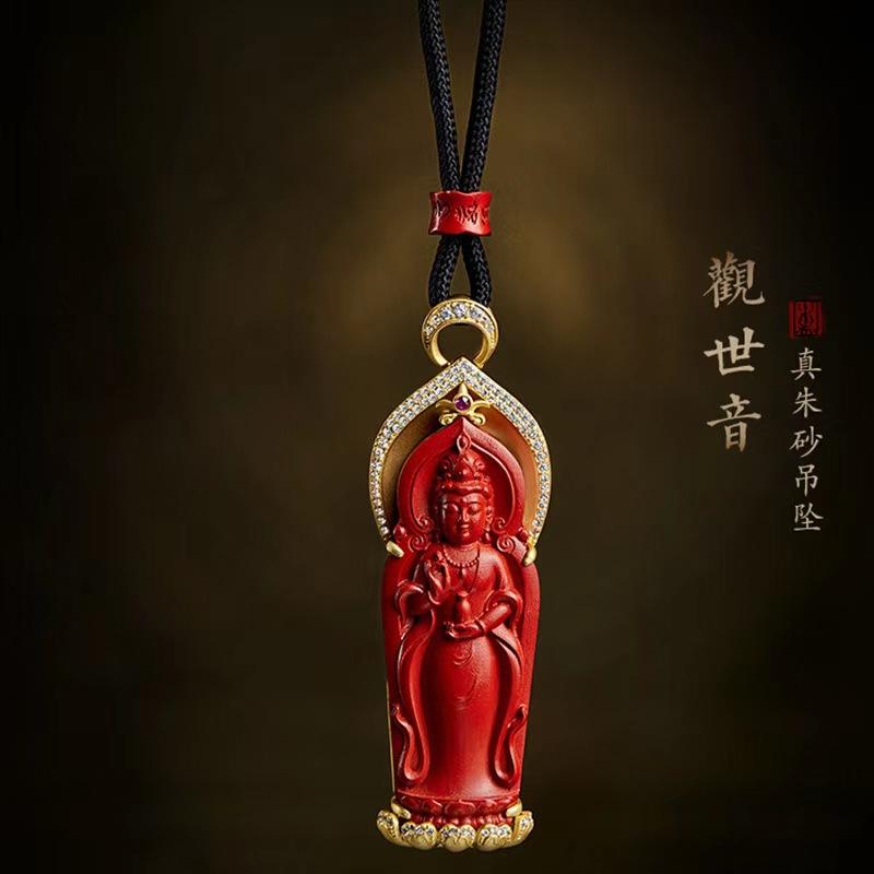観音菩薩 ペンダント S925 シルバー 象嵌 辰砂 男性用 ネックレス アクセサリー お守り シンプル 宗教