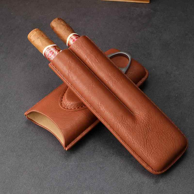 葉巻チューブ タバコケース シガーボックス 喫煙具 アクセサリー おしゃれ ポータブル ヒュミドール 軽量 レザー 2本収納 牛革 カッター付き 保湿 スタイリッシュ ギフト