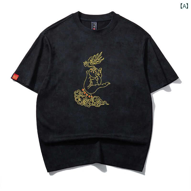 Tシャツ ペアルック 仏手 メンズ 宝珠 夏 ラウンドネック 綿 中国風 レディース ゆったり 刺繍 半袖 ユニセックス カジュアル カップル｜Hanbok Home