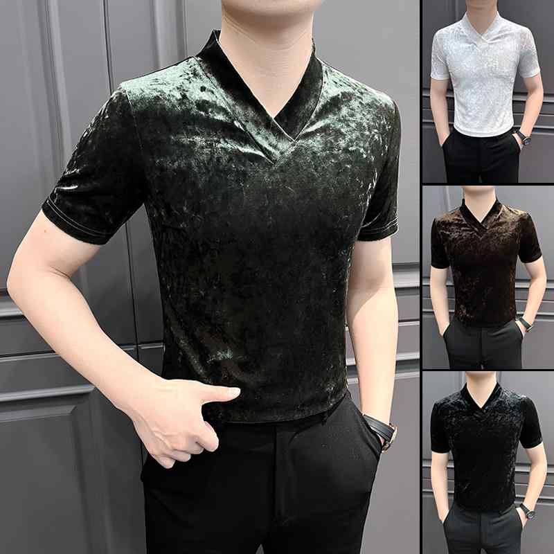ベロア メンズ ファッション Vネック Tシャツ 半袖 夏 スタイル トップス スリムフィット レイヤリング 高級感 エレガント 光沢 上品 クール デイリー コーディネート ソフトタッチ