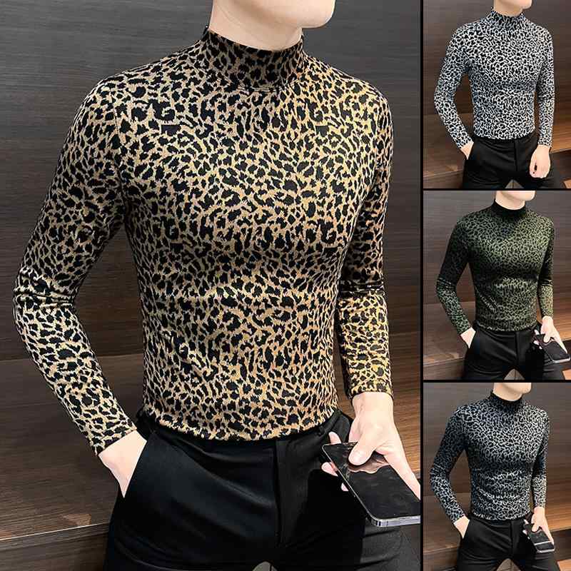 ヒョウ柄 メンズ ファッション レイヤリング シャツ ハーフハイネック 春秋 長袖 スリムフィット プリント トップス スタイリッシュ 個性 コーディネート エレガント おしゃれ