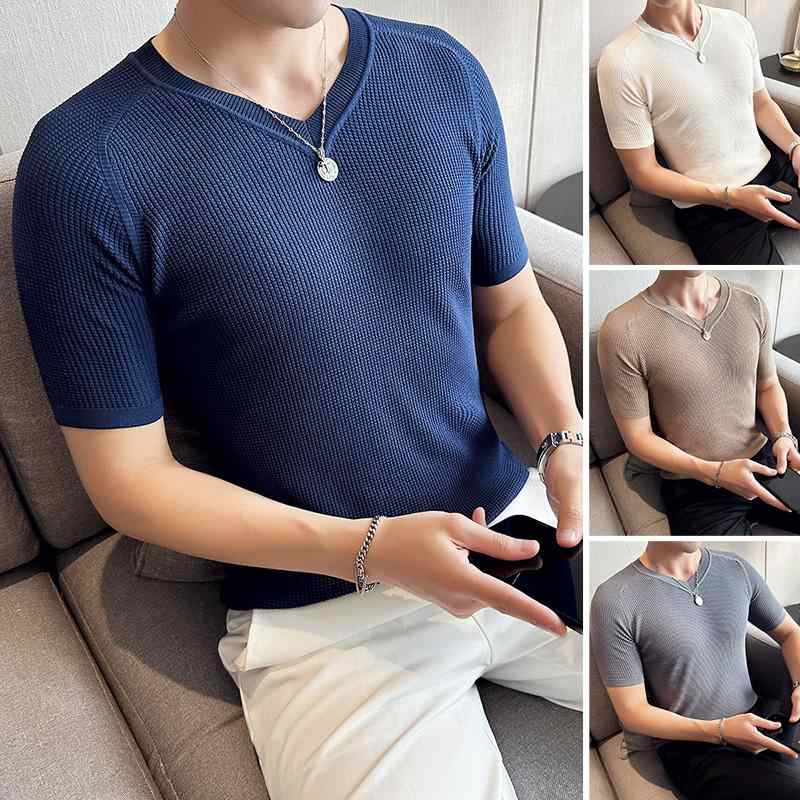 Ｖネック 半袖 メンズ ファッション 夏 スタイル ワッフル Tシャツ 冷感 薄手 快適 タイト 伸縮性 ニット トップス シンプル コーディネート スリムフィット カジュアル