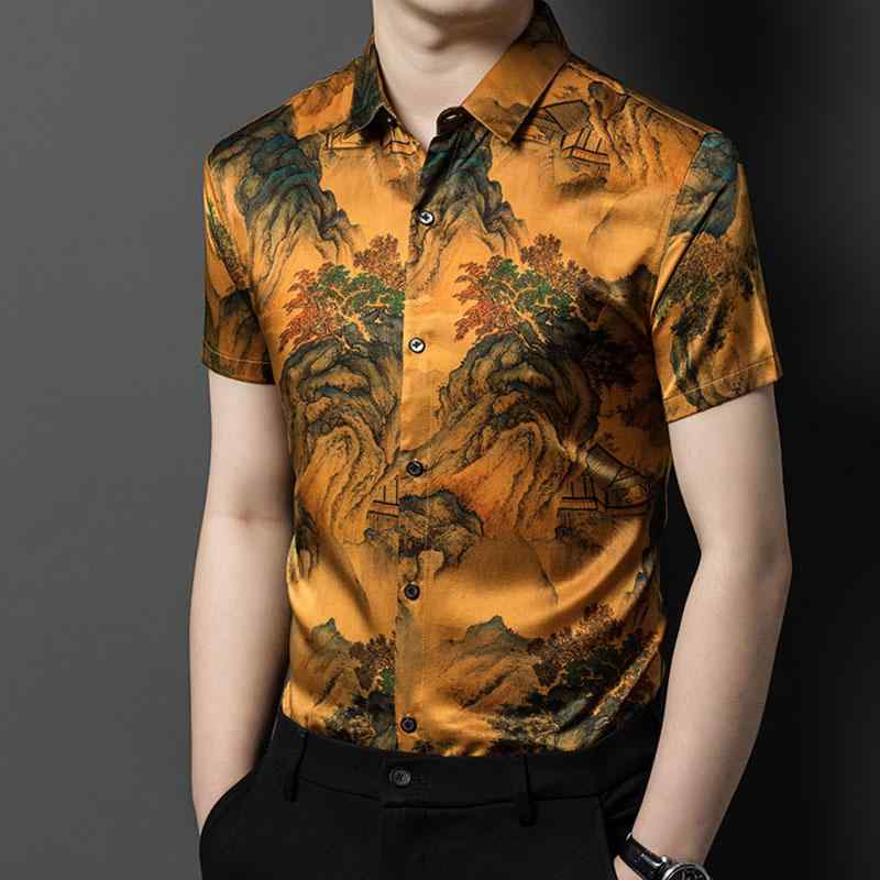 シャツ メンズ 夏 シルク 桑 半袖 プリント シャツ 華やか おしゃれ 軽量 快適 ビジネス 紳士 着回し最適 羽織り