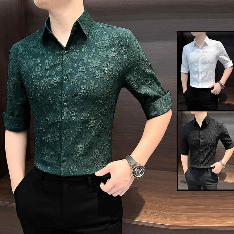 シャツ トップス メンズ 半袖 花柄 シャツ 夏 ジャカード 中国 チャイナ風 ソフトタッチ 男性用 七分袖