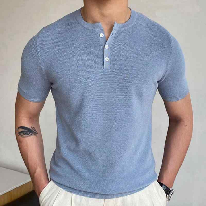 メンズ Tシャツ 半袖 夏 ニット セーター 薄手 サマーセーター 丸首 ラウンドネック ボタン３つ ウール 薄青 シンプル 吸湿性 おしゃれ 快適 通気性 モダン