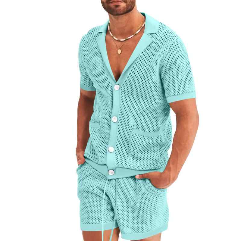 男性服 上下 セットアップ 夏 クール メッシュ 通気性 透け感 メッシュトップス ニット 網 編み カラー シャツ メンズ 薄手 半袖 短パン ツーピース 海 ビーチ