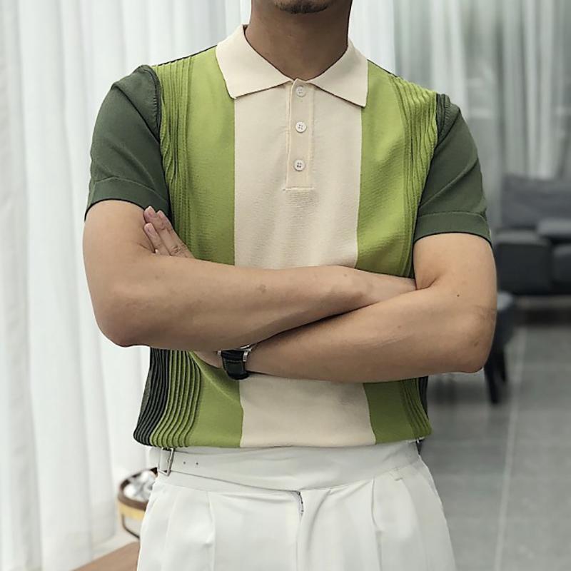 ポロシャツ 夏 韓国スタイル グリーンカラー セーター 半袖 スリムフィット Tシャツ メンズ インテリ男子 レジャー リラックス 上品 普段着 おうち時間