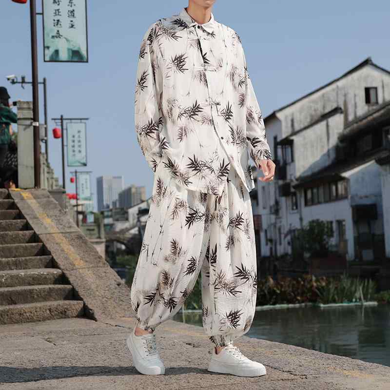 成人男性服 上下 セットアップ 瀬戸もの メンズ 長袖 プルオーバー ズボン 春夏 馬鹿でかい大きさ セトア 笹の葉 一皿名取り草 唐装 刷り上げるプルオーバー レトロ 今めかしい 上級者