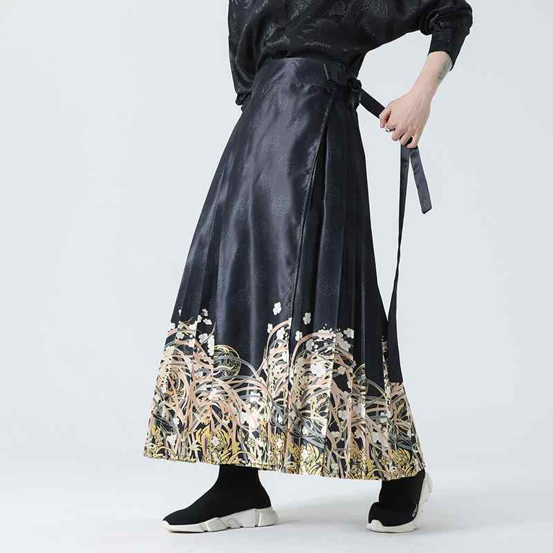 男性服 ロングスカート プリーツ チャイナ デザイン メンズ レディース 黒 スカート ロング 中国 衣装 中華 漢服 ワイド スカートパンツ ダンス パフォーマンス モード 個性的 高級感
