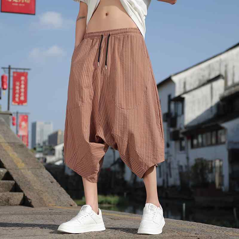 男性服 ズボン バルーン ゆったり 快適 ルームウェア クロップドパンツ メンズ 春夏 薄手 チャイナ コットン リネン ストライプ 大きいサイズ ランタン パンツ ボトム