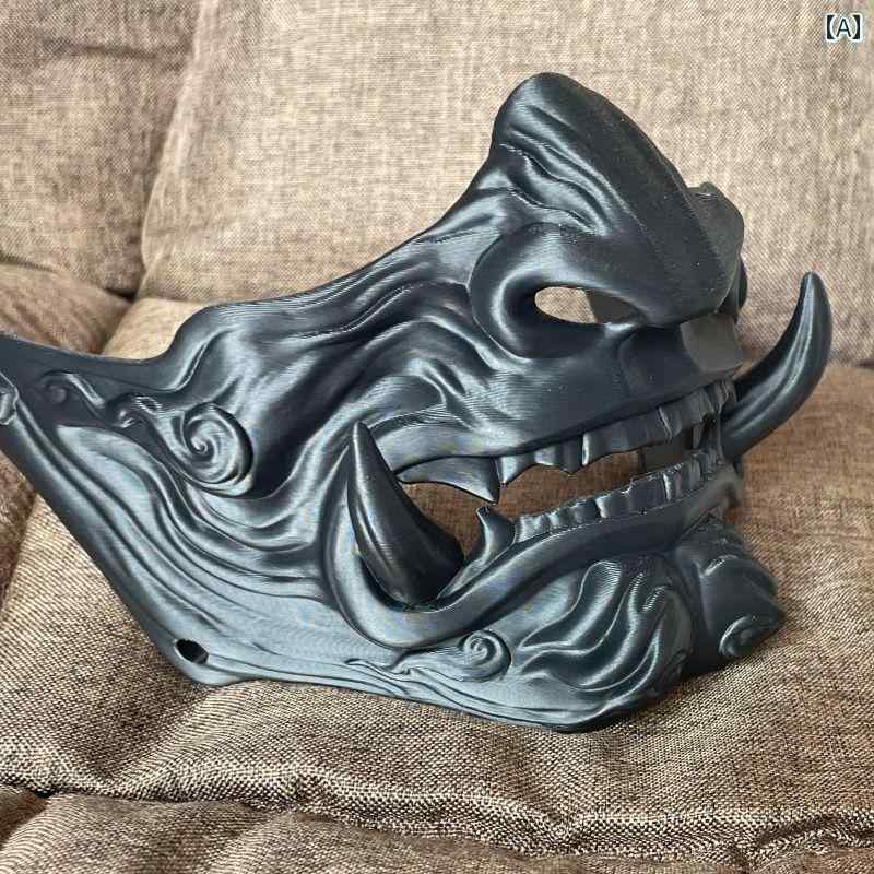 お面 般若 マスク ハーフフェイス コスプレ パフォーマンス ゴースト 牙 サムライ ハロウィン ブラック レッド ホワイト