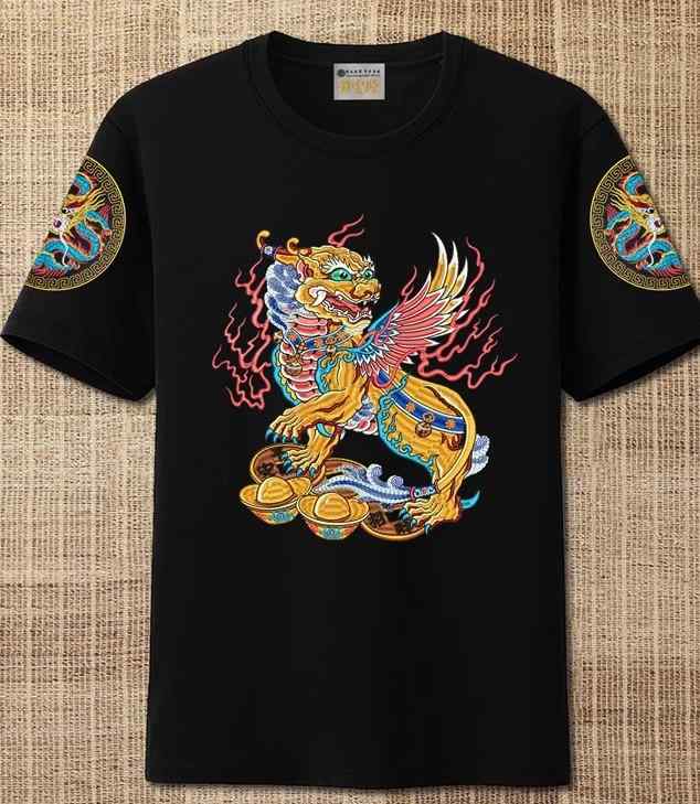 Tシャツ 刺繍 貔貅 半袖 トップス 男性用 レディース カジュアル リゾート エスニック 鮮やか カラフル 神獣 ファッション 日常使い ラウンドネック ペアルック
