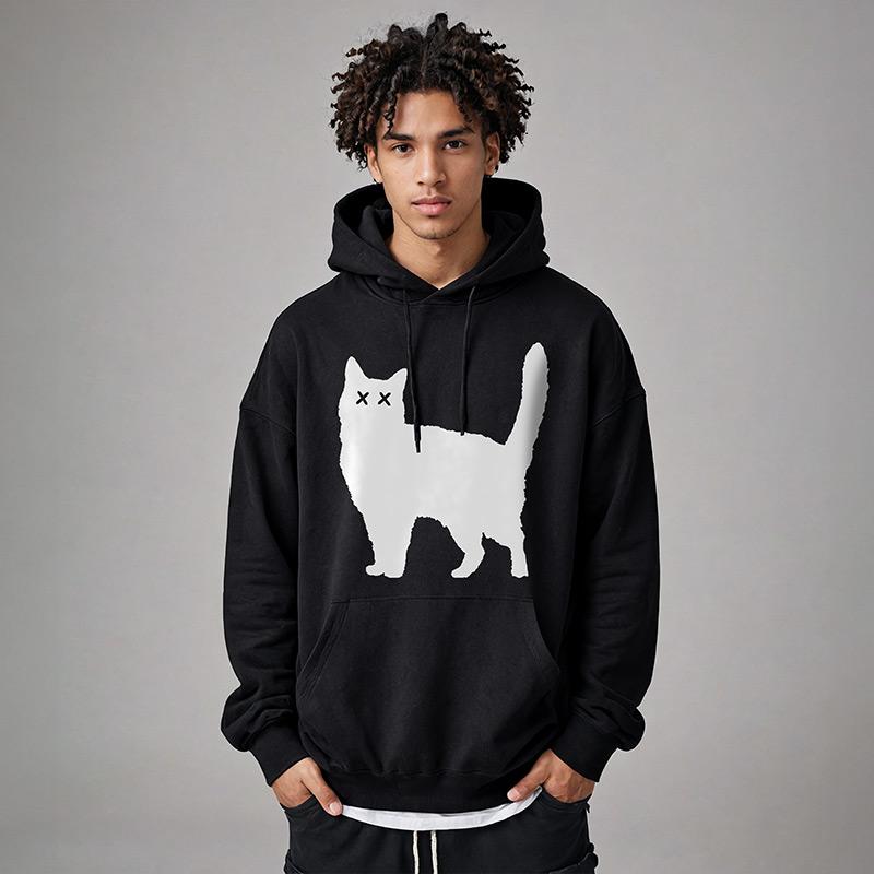 パーカー 大きめサイズ メンズ アメリカン レトロ ビッグサイズ セーター 春秋 かわいい 猫モチーフ 動物 スウェット 調節紐 フード付き 大学生 普段着 おソロ