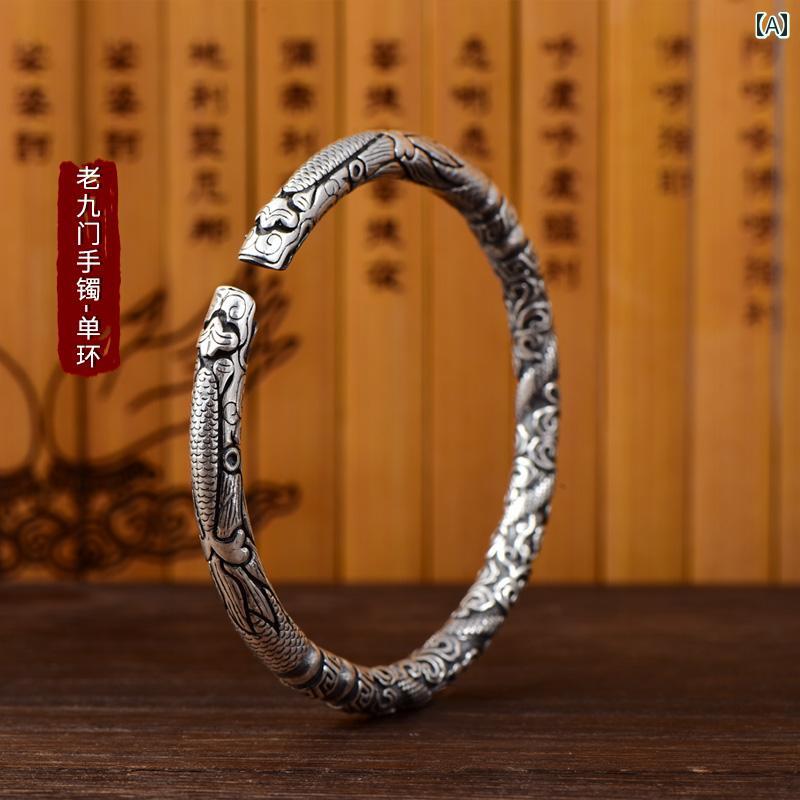 バングル アクセサリー 銀 999 シルバー ブレスレット リング オールド ブッダ レトロ ドラゴン 彫刻 男女兼用 ユニセックス フープ ダブルリング|Hanbok Home