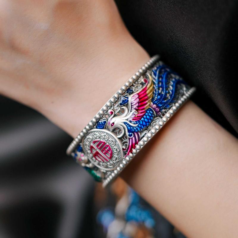 バングル ゴージャス カラフル 銀 999 シルバー 龍 鳳 ブレスレット ドラゴン アクセサリー 手焼き ブルー 幅25cm｜Hanbok Home 25,893円