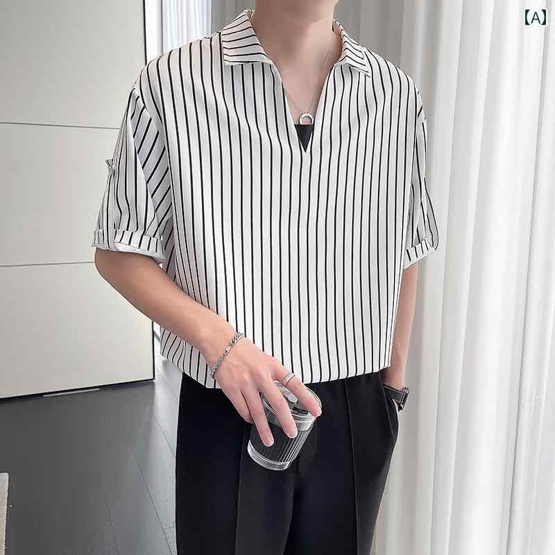 シャツ メンズ 紳士服 トップス カジュアル シンプル ラフ モード おしゃれ スタイリッシュ ストライプ 柄 重ね着風 襟付き 夏 薄手