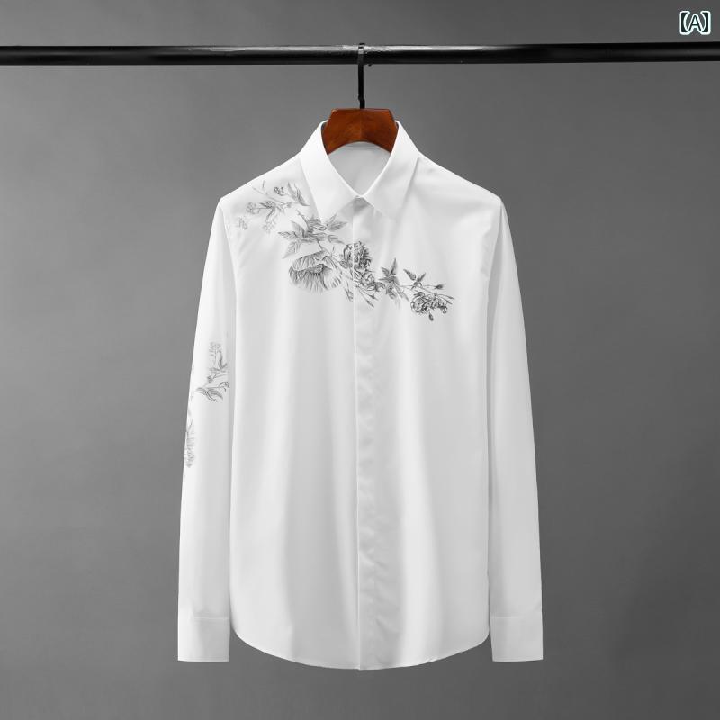 シャツ トップス インクジェット 花柄 春 メンズ カジュアル シャツ 男性用 服 長袖 スリム モダン ファッション ブラック 紳士服