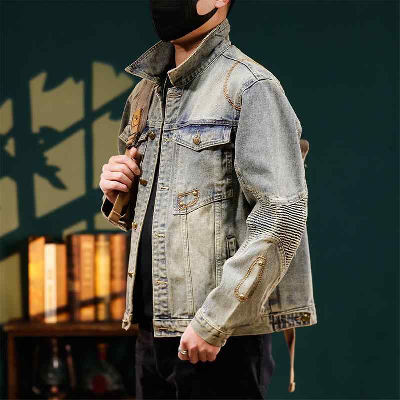デニムジャケット 秋 刺繍 レトロ メンズ フィット感 ウォッシュ加工 アウター ボタン アメカジ カジュアル 男性用 オールシーズン 明るい色