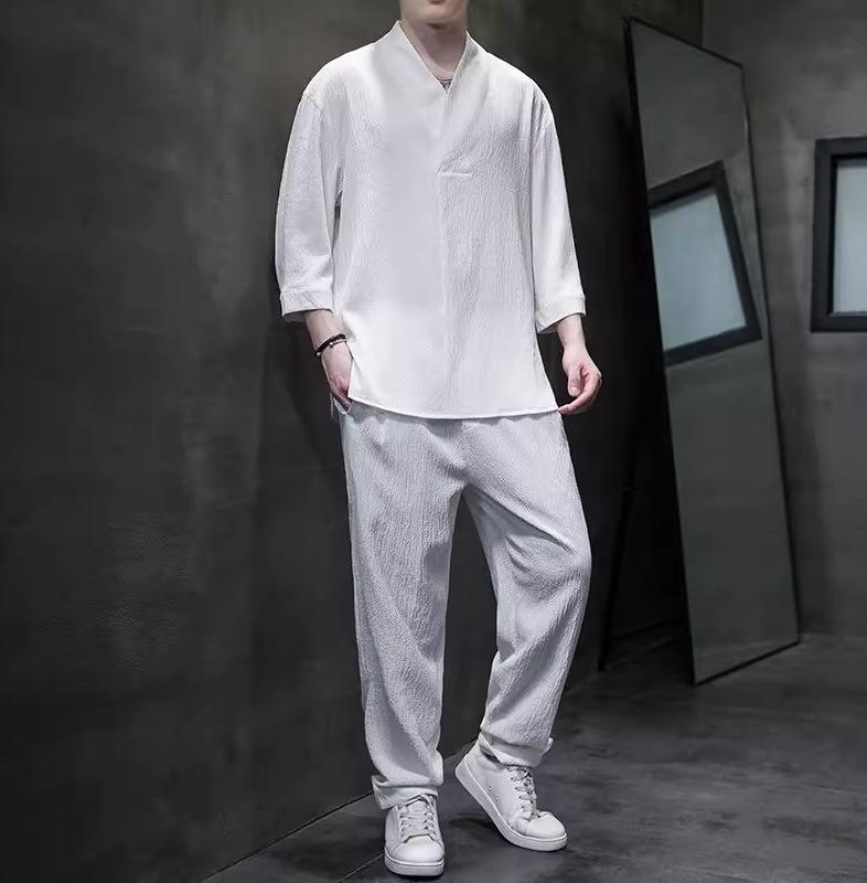 メンズ 上下セットアップ シャツ チャイナ 春夏 メンズ 半袖 無地 Tシャツ パンツ 2点セット 大きめサイズ リネン 漢服 綿 唐装 カジュアル