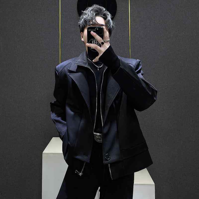メンズ 秋 ジャケット ブルゾン ジッパー レイヤードデザイン ハイカジュアル 男性服 アウター 上着 黒 ブラック｜Hanbok Home