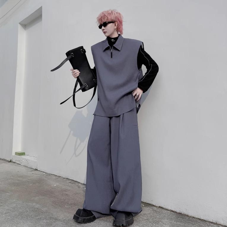 メンズ 春 個性 ノースリーブ ハーフジップ ベスト 上下 セットアップ きれいめ ユニセックス ワイド パンツ おしゃれ シルエット