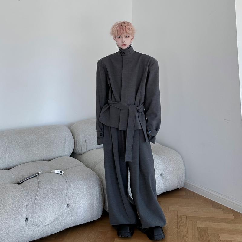 春 新作 表現スタイル 立体 仕立てもの バックル 照明ランプ色つや 胴締め付き添い人 肩先パッド 背広 メンズ ワイドレッグパンツ 背広 ルーズフィット フォーマル