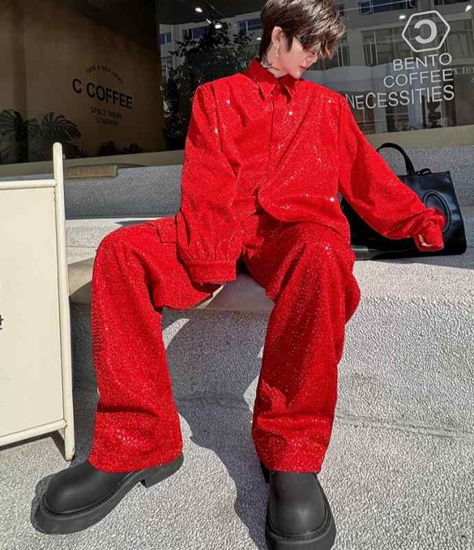 メンズ 上下 セットアップ キラキラ ラメ入り シャツ 赤 黒 パンツ スパンコール ステージ 映え 衣装 ダンス 男性 歌手 パフォーマンス 派手