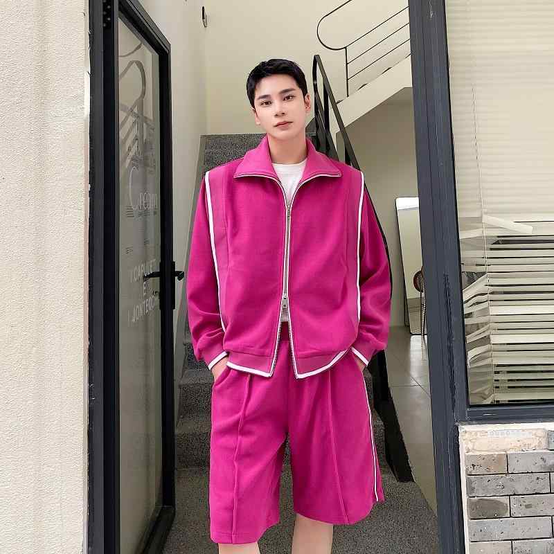 韓国 メンズ 春秋 ローズレッド 上下 セットアップ ジャージ ハーフパンツ ジップ ジャンパー 男性服 レトロ 個性的