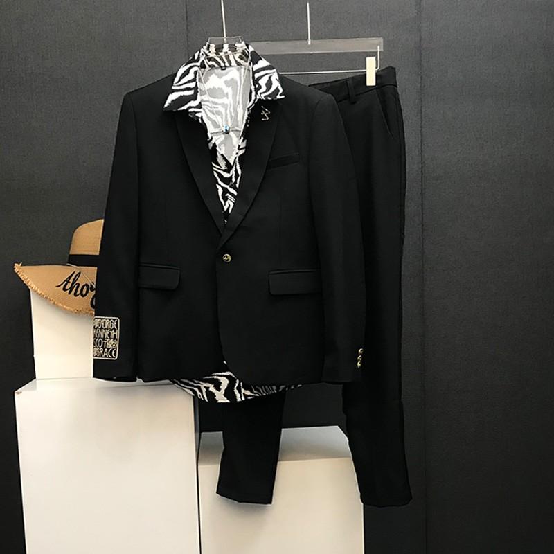 韓国 ファッション ハイエンド 袖口 刺繍 スーツ ツーピース メンズ スリムスーツ モダン スリムフィット ビジネス シック 上品