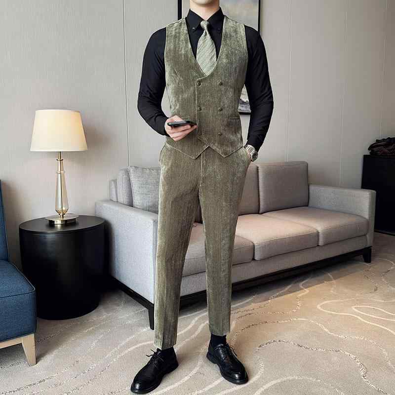 秋 メンズスーツ ベスト パンツ ツーピース バンケット ダブルブレスト ベストスーツ スリム 花婿 付添人 スーツ 男性用 ヴィンテージ エレガント｜Hanbok Home