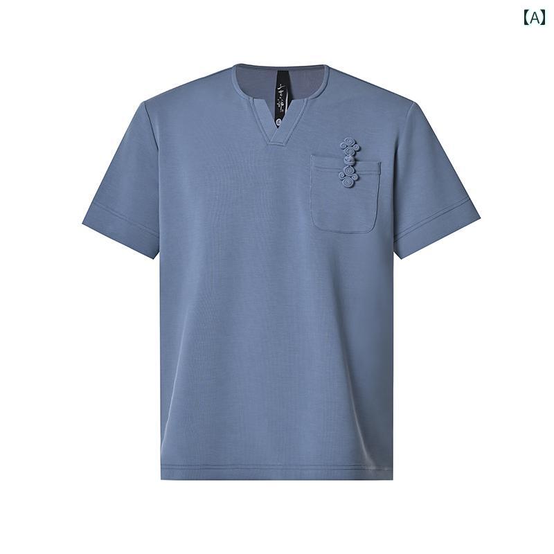 Tシャツ トップス 半袖 メンズ カジュアル 夏 通気性 伸縮性 シンプル バックル Vネック おしゃれ