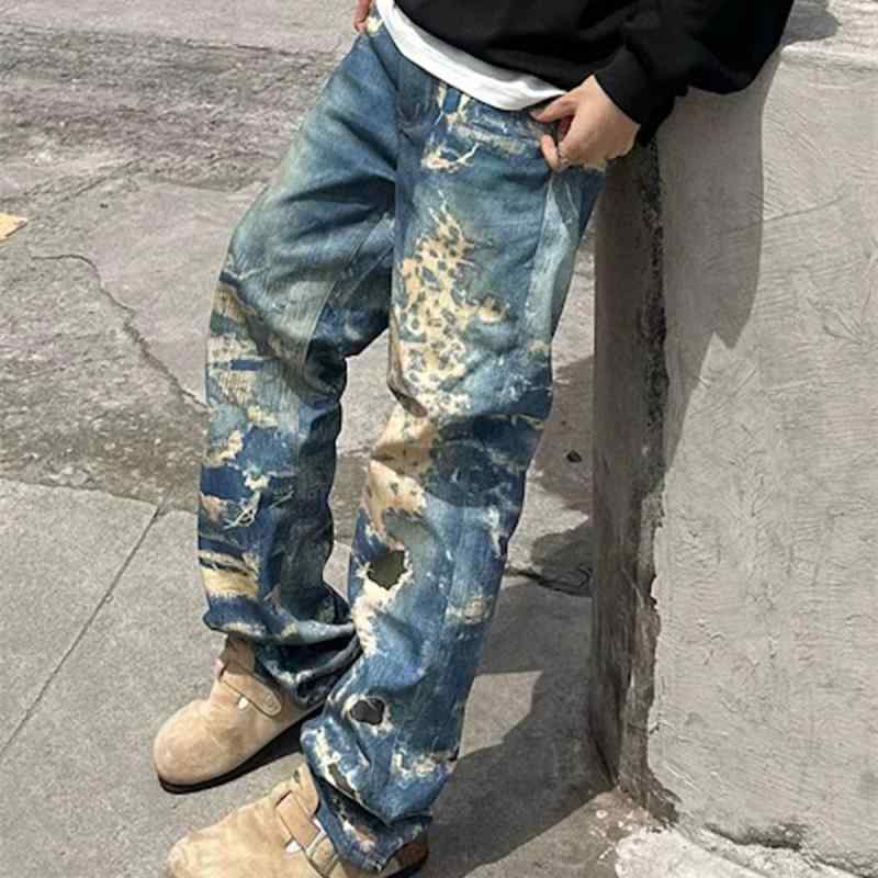 ジーパン デニム パンツ 水面 ジーンズ レトロ ヴィンテージ加工 ブリーチ加工 脱色 アウトドア アメリカン ストリート ウォッシュ ダメージ