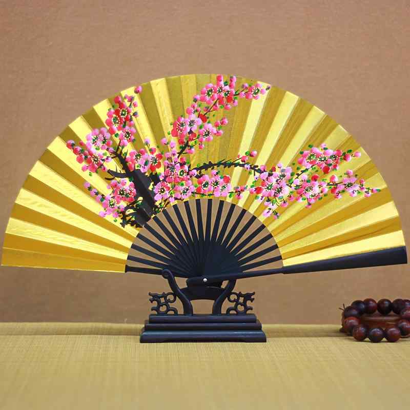 扇子 ゴールド 金 チャイナ 手描き 牡丹 花 フラワー 華やか お茶会 和室 インテリア 飾り 両面 黄金 レトロ 男性 劇 高貴 舞い 女性