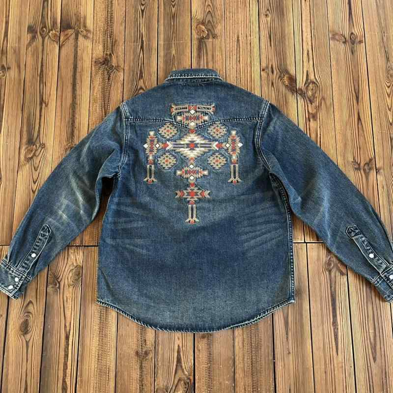 シャツ デニム トップス メンズ おしゃれ ファッション カジュアル アメリカン レトロ 刺繍 長袖 スタイリッシュ ユニーク アート エスニック カウボーイ