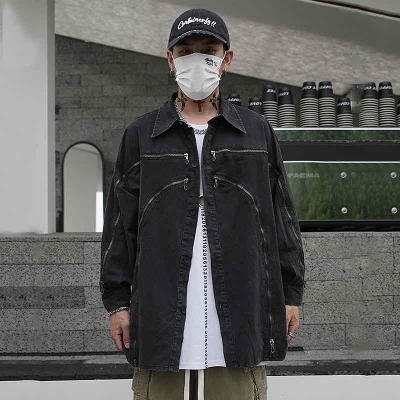 ブラックデニム シャツ ジャケット ジッパー アウトドア ヒップホップ ストリート ウォッシュド オールド デニムジャケット メンズ レディース 機能 ポケット｜Hanbok Home