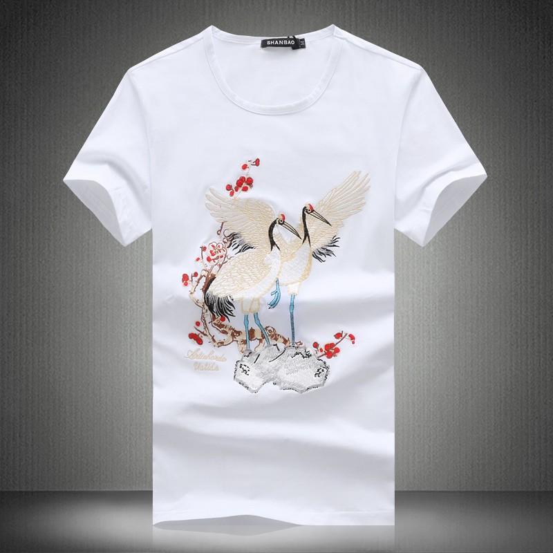 男性服 Tシャツ 和 鶴 刺繍 レトロ チャイナ メンズ ヤンチャ スリム フィット コットン 夏 大きいサイズあり 半袖 トップス