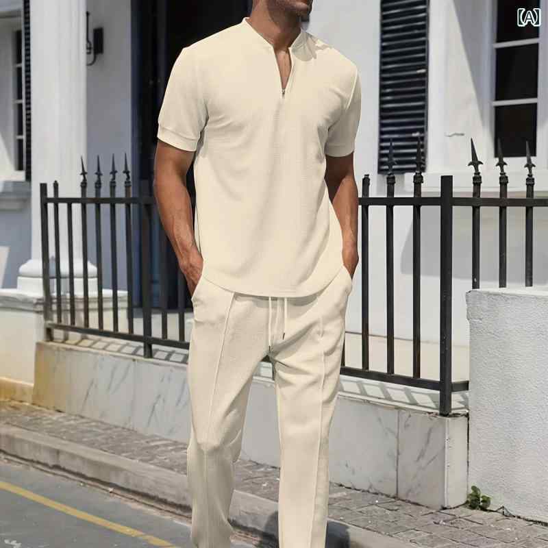 セットアップ 夏 メンズ カジュアル スタイリッシュ 無地 ジッパー 半袖 Tシャツ スポーツ スポーティー スリムフィット パンツ 日常使い セット