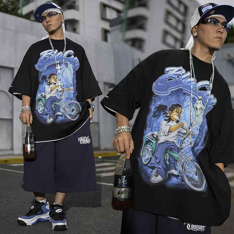 男性服 西海岸 プリント 半袖 Tシャツ メンズ アメリカン ストリート ヒップホップ スケーター ヤンチャ ラッパー ゆったり オーバーサイズ コットン