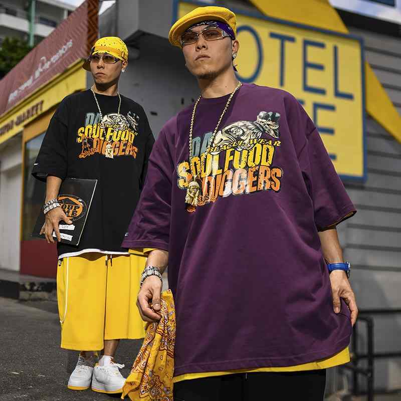 男性服 Tシャツ オーバーサイズ カラー プリントＴ 半袖 トップス メンズ アメリカン ストリート ヒップホップ スケーター ヤンチャ ゆったり オーバーサイズ コットン